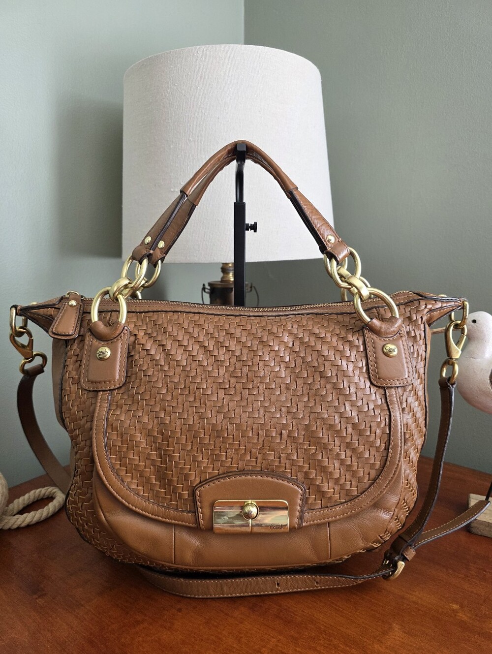 Coach F23048 Kristin Woven Leather Tan Brown Satchel Shoulder Bag